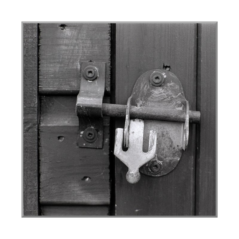 A black and white photograph of a clasp on a wooden, shed door.